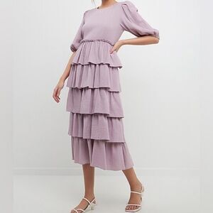 Free the Roses Tiered Midi maxi Dress lavender cotton gauze ruffle dress XS